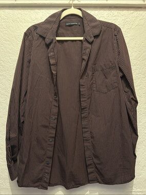 French Connection Brown and Black Striped Button-Up Shirt